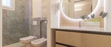 Shower, hair dryer, bidet, towels