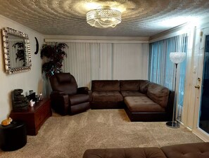 Televisión, chimenea, libros y estéreo 