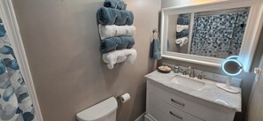 Dusche, Haartrockner, Handtücher, Seife