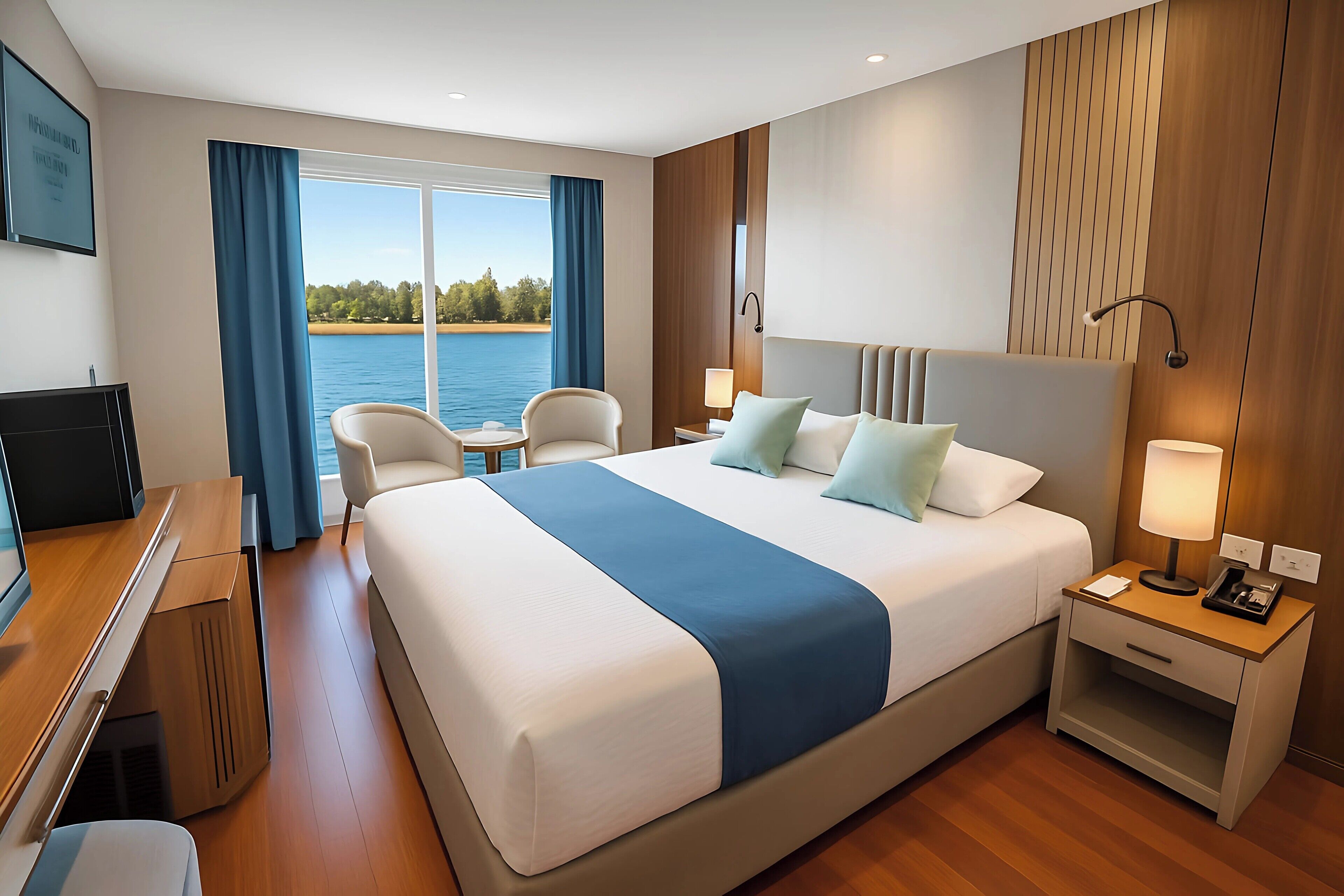 Camera d'albergo moderna con un letto grande, una scrivania e vista sull'acqua.