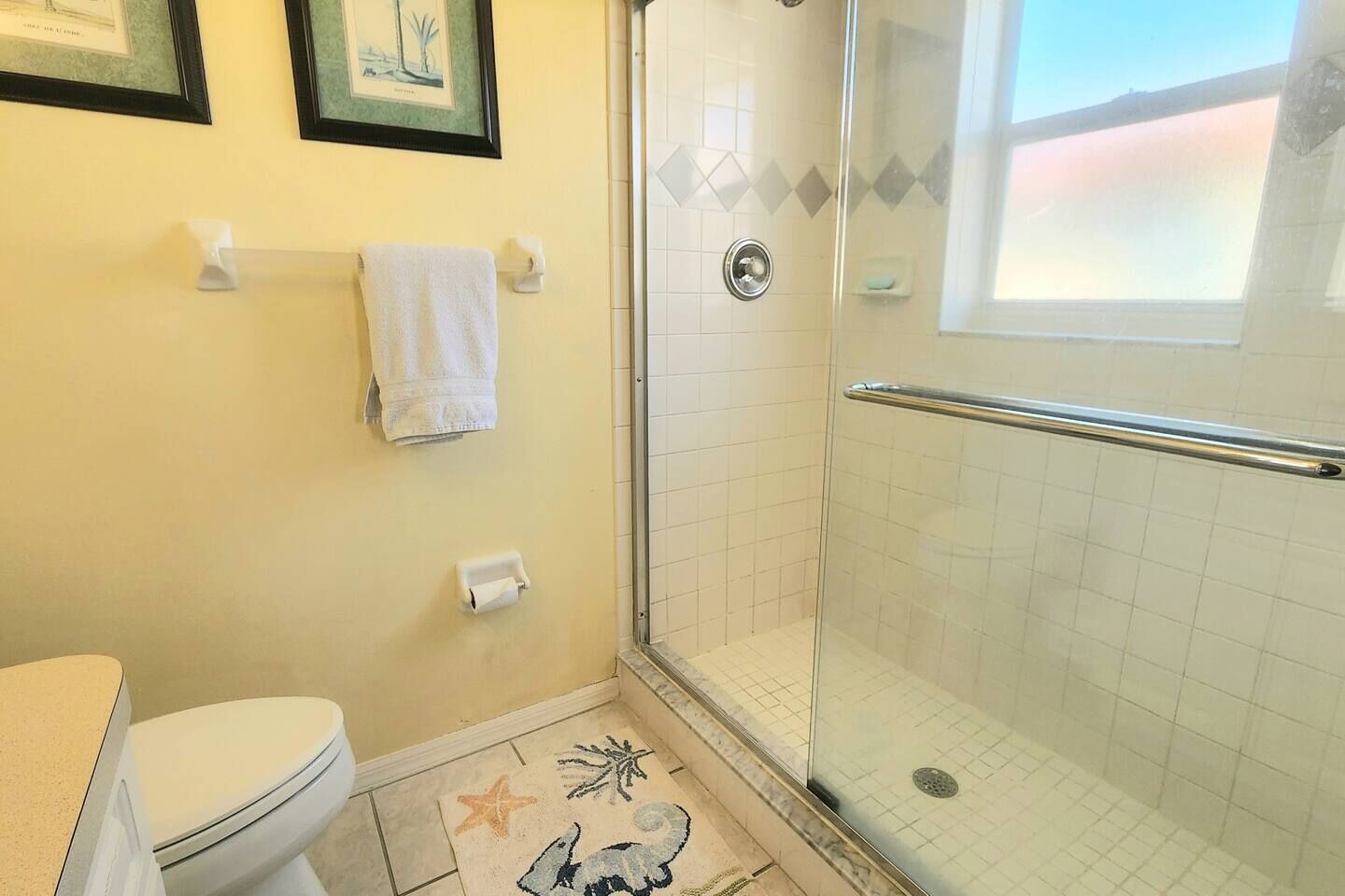 A bathroom with a toilet, a glass shower enclosure, a towel rack, and a small rug with a sea-themed design.