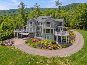 A multi-story house with a covered patio, a driveway, and a landscaped garden. - Secluded Retreat Endless Mtn Views, Rushing Stream (Moorefield)