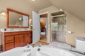 Shower, hair dryer, towels, shampoo