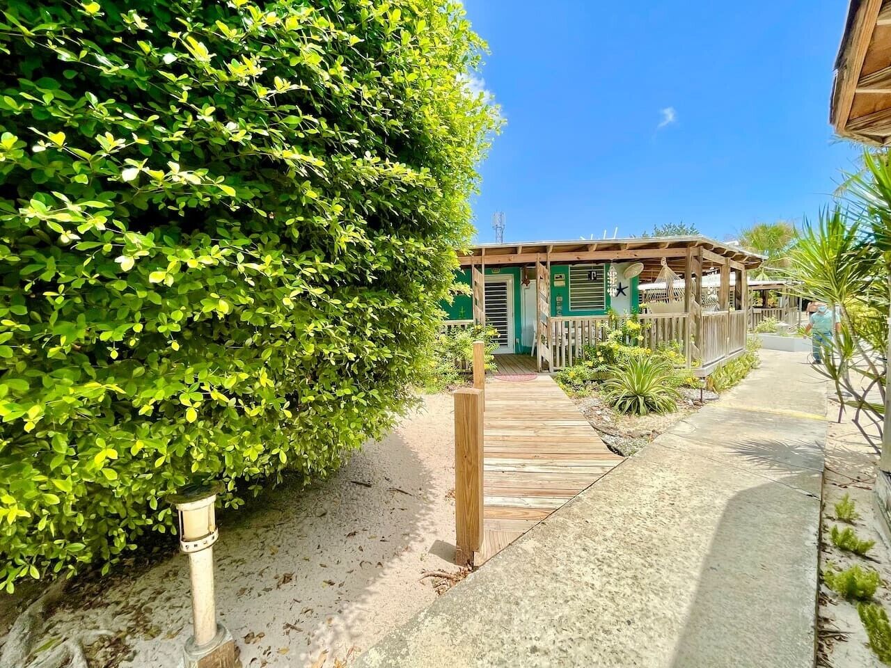 A wooden pathway leading to a building with a green door, surrounded by lush greenery and a clear sky.