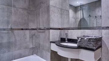 Hair dryer, towels, soap