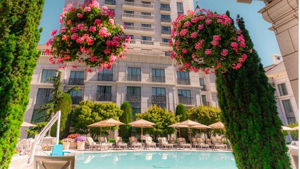 Een hotel met een zwembad, ligbedden en bloemenmanden.