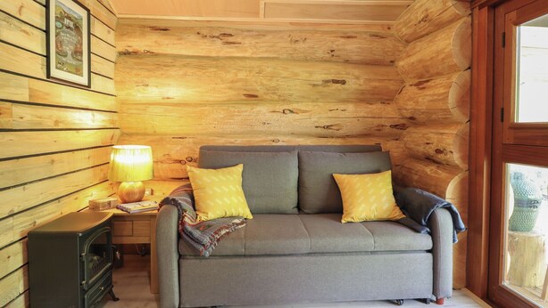 Una acogedora habitación de cabaña de madera con sofá, una mesa con lámpara y un cuadro enmarcado en la pared.