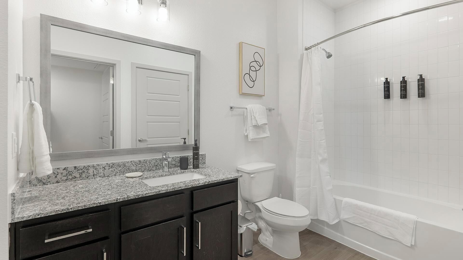 A bathroom with a sink, toilet, shower, and a large mirror.