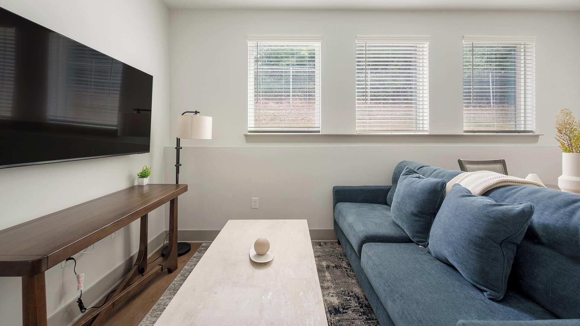 A living room with a flat-screen TV, a sofa, a coffee table, and a window with blinds.