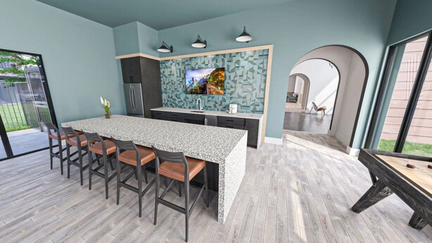 A modern kitchen with a bar area, a dining table with chairs, and a pool table. - Landing | Amazing 1BD, Clubhouse (Austin)