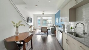 Fridge, dining tables - Landing | Modern 1BD, Clubhouse (Austin)