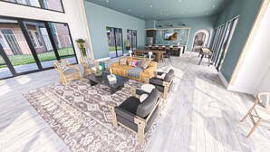 A spacious living area with a sofa set, coffee table, and chairs, a kitchen area with a dining table, and large windows offering views. - Landing | Amazing 1BD, Clubhouse (Austin)