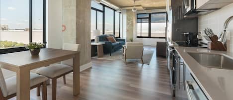 Fridge, dining tables