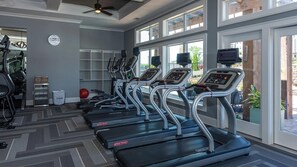 A gym with treadmills, weight machines, and exercise balls.