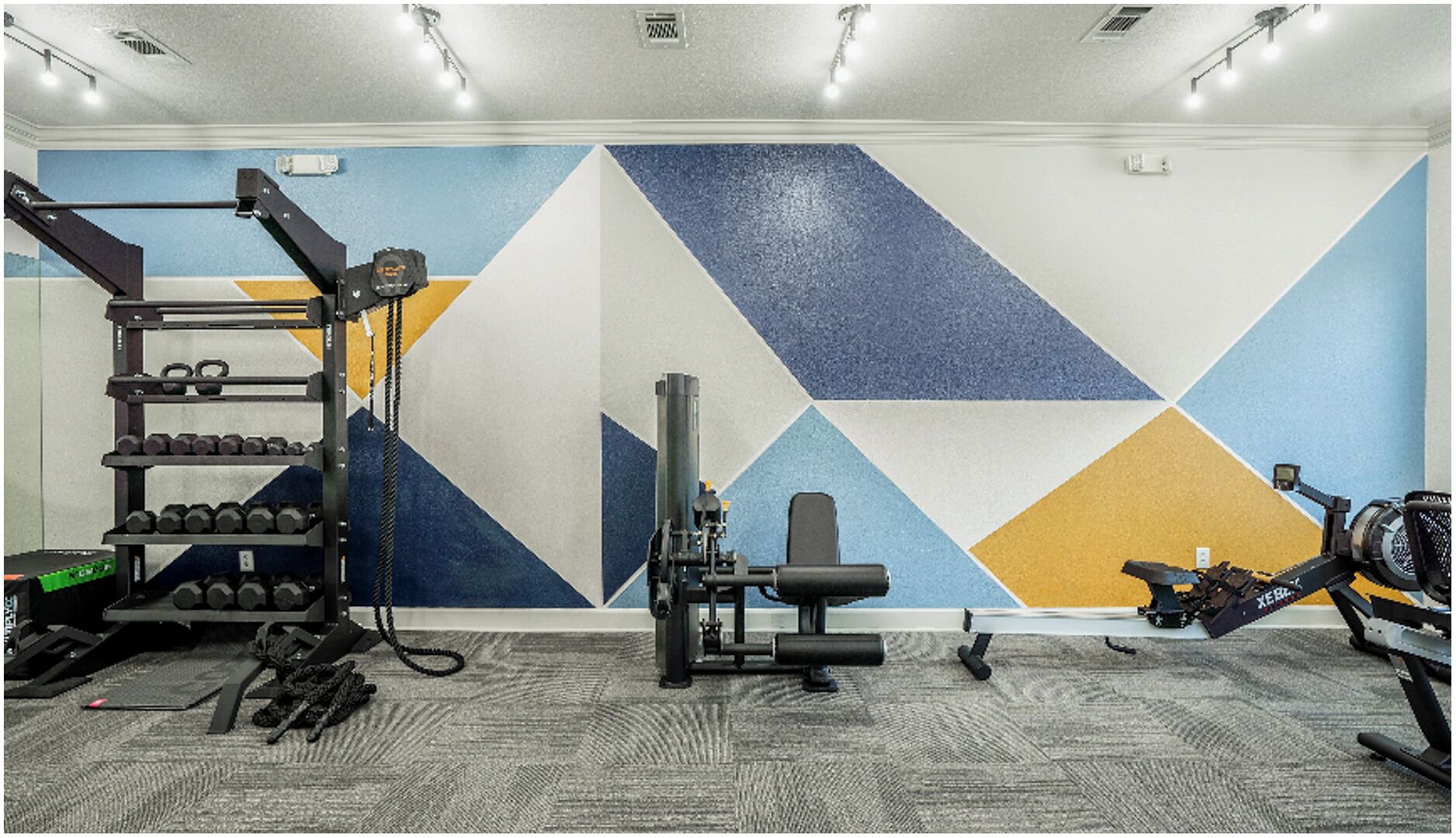 A gym with a wall exercise machine, a squat rack, and dumbbells.