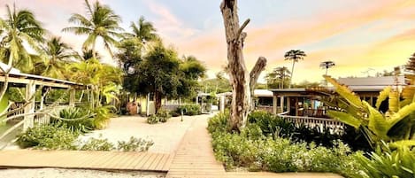 A wooden pathway leading to a building with a traditional architectural style, surrounded by palm trees and tropical vegetation.
