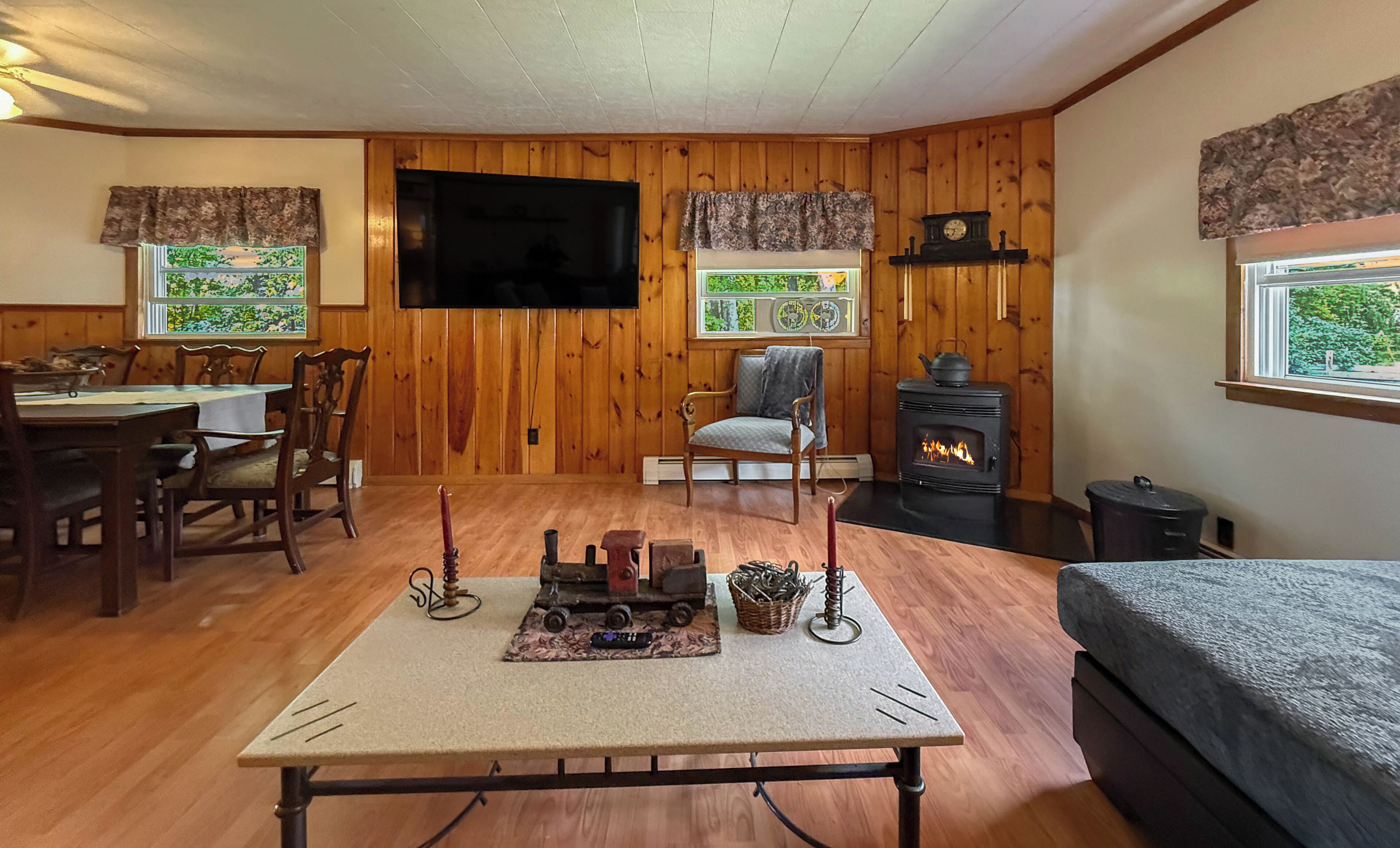 Smart TV, fireplace, video games, DVD player