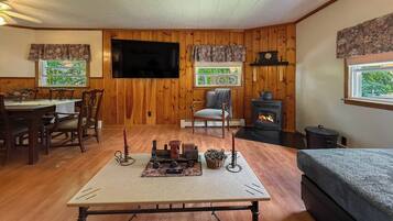 Smart TV, fireplace, video games, DVD player