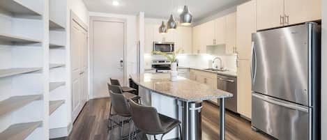 Fridge, dining tables