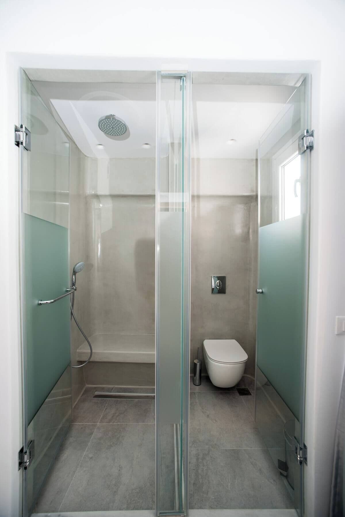 A modern bathroom with a glass-enclosed shower, a toilet, and a sink.