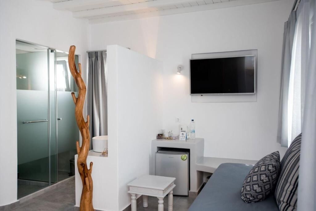 Una habitación de hotel moderna con ducha de vidrio, una escultura de madera, una mesita, un televisor y un sofá con cojines estampados.