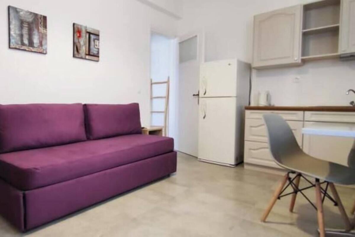 A compact living space with a sofa, a dining table, and a kitchenette.