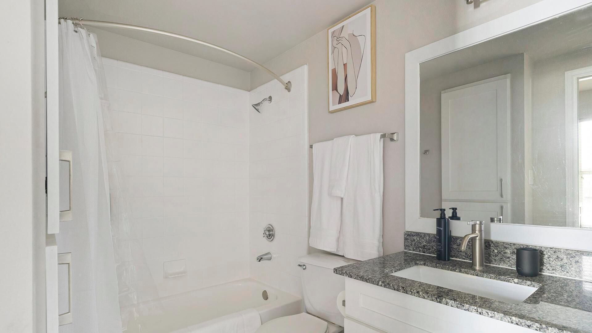 Une salle de bain avec une douche, un lavabo, des toilettes et un grand miroir.