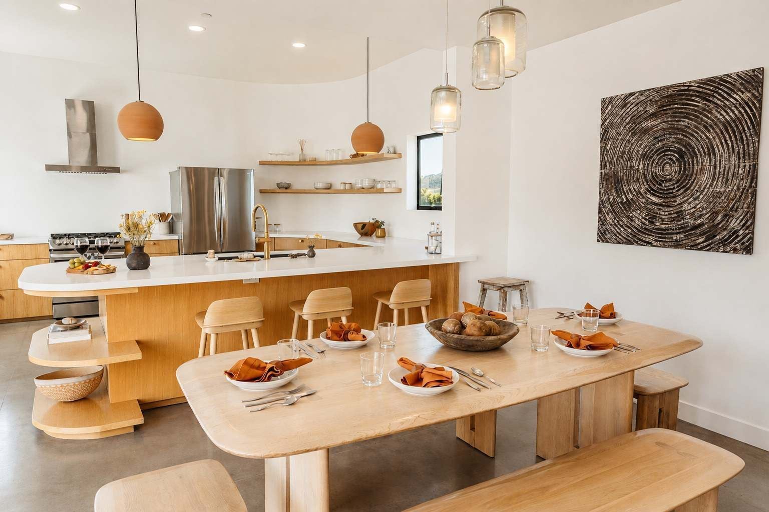 Una cocina moderna con una isla central, sillas de madera y una mesa de comedor preparada para dos.