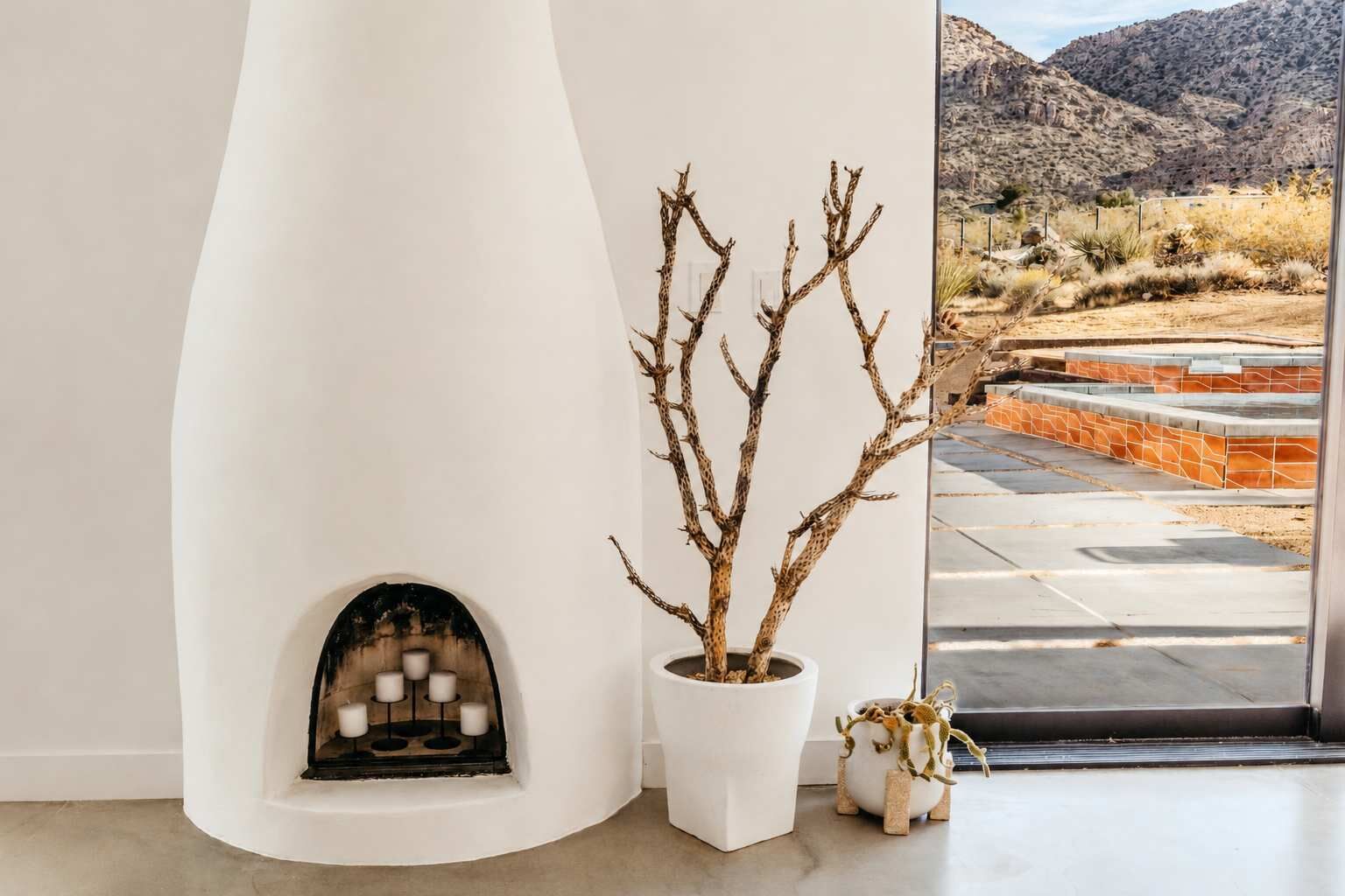 A modern interior with a fireplace, a potted plant, and a view of a mountainous landscape.