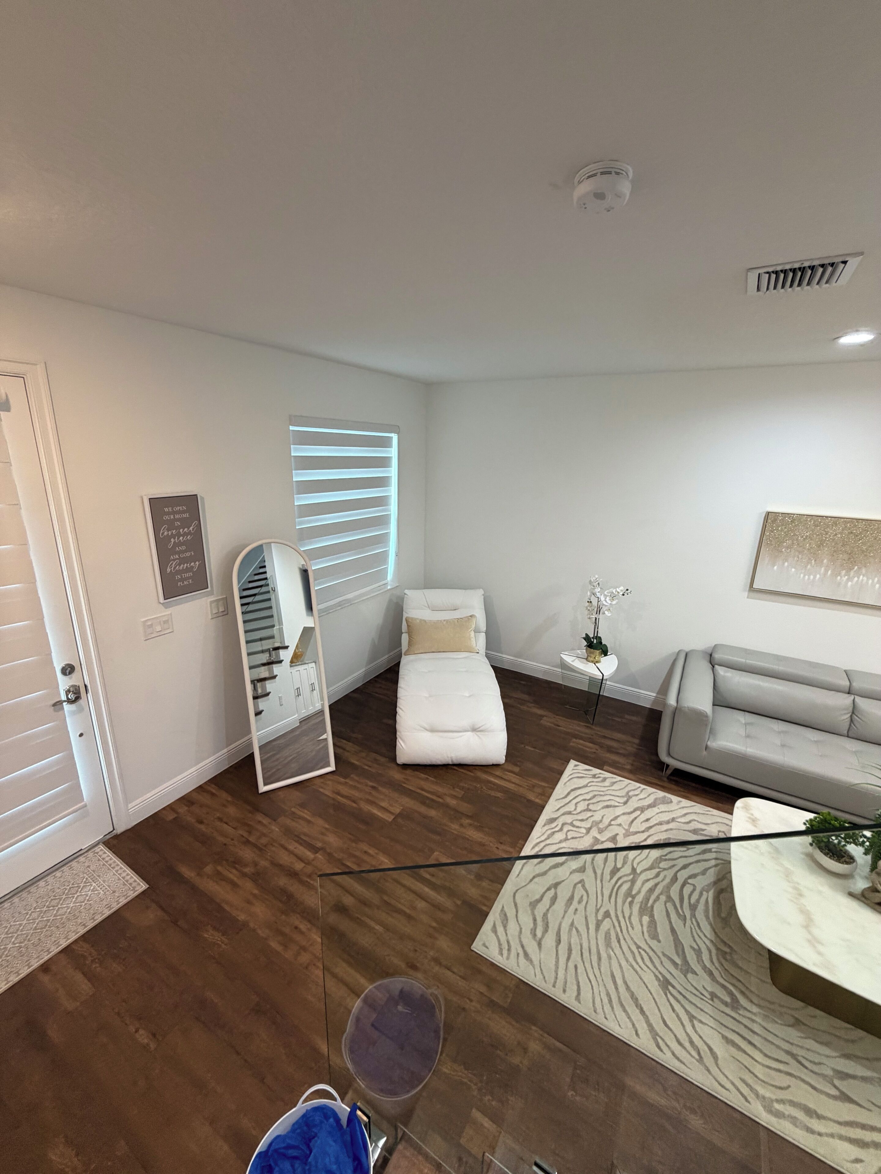 Un salon moderne avec un canapé, une petite table sur laquelle est posée une plante, un miroir et un lit avec une tête de lit.