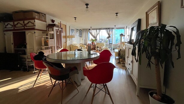 A modern kitchen with a glass dining table, red chairs, and a large potted plant. - executive room Leo (Mexico City)