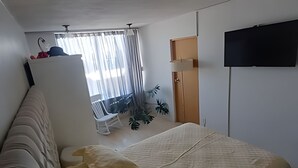 A hotel room with a bed, a TV, a window with curtains, a plant, and a door. - executive room Leo (Mexico City)