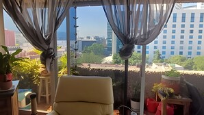 A balcony with a chair, potted plants, and a view of buildings and trees. - executive room Leo (Mexico City)
