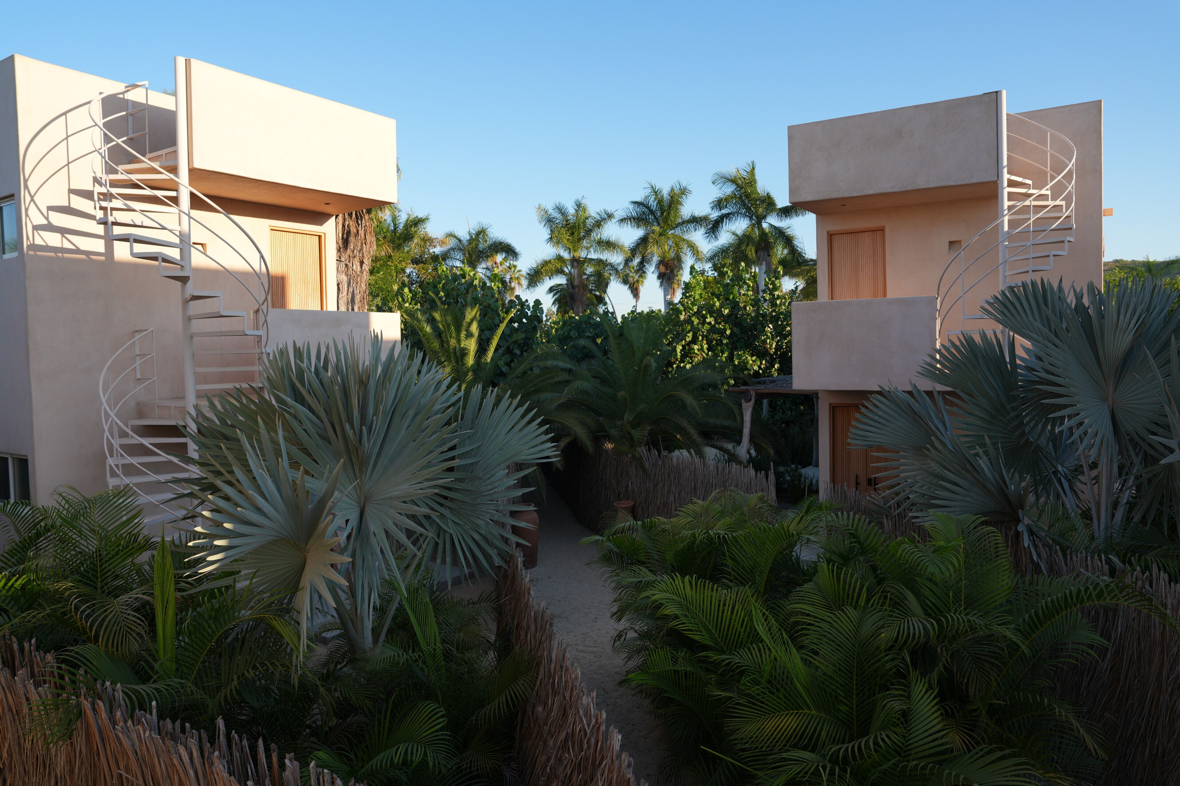 A modern building with spiral staircases, surrounded by lush tropical plants and palm trees.