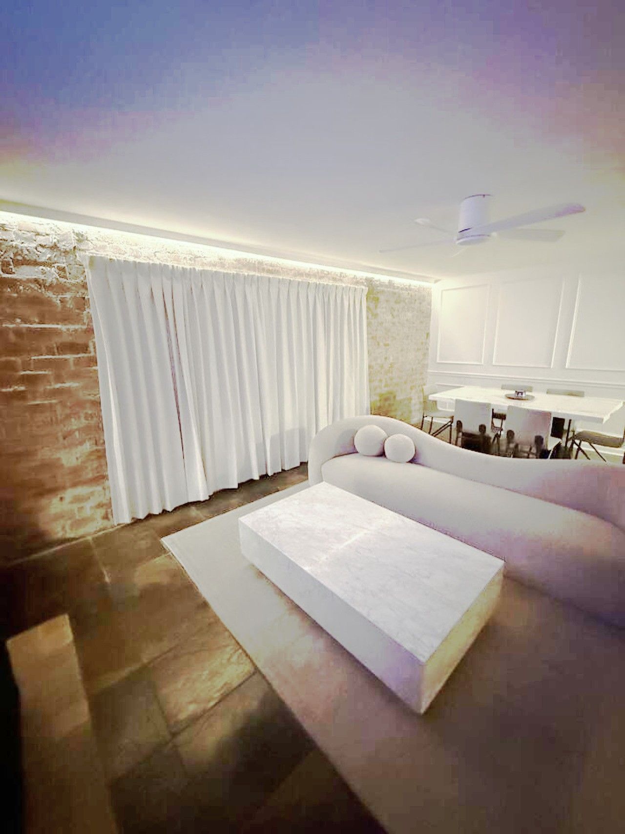 Una sala de estar moderna con un sofá, una mesa de centro, una pared de ladrillo y un amplio ventanal con cortinas blancas.