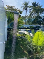 Uma fonte vertical com efeito cascata, rodeada por vegetação exuberante e palmeiras.
