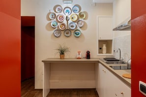 Eine kompakte Küche mit einer an der Wand befestigten Plattensammlung, einer kleinen Pflanze und einer Kaffeemaschine.