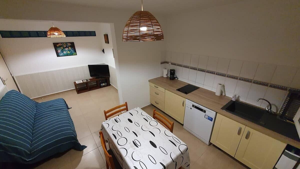A compact living space with a dining table, a sofa, a kitchen area with a sink and dishwasher, and a television.