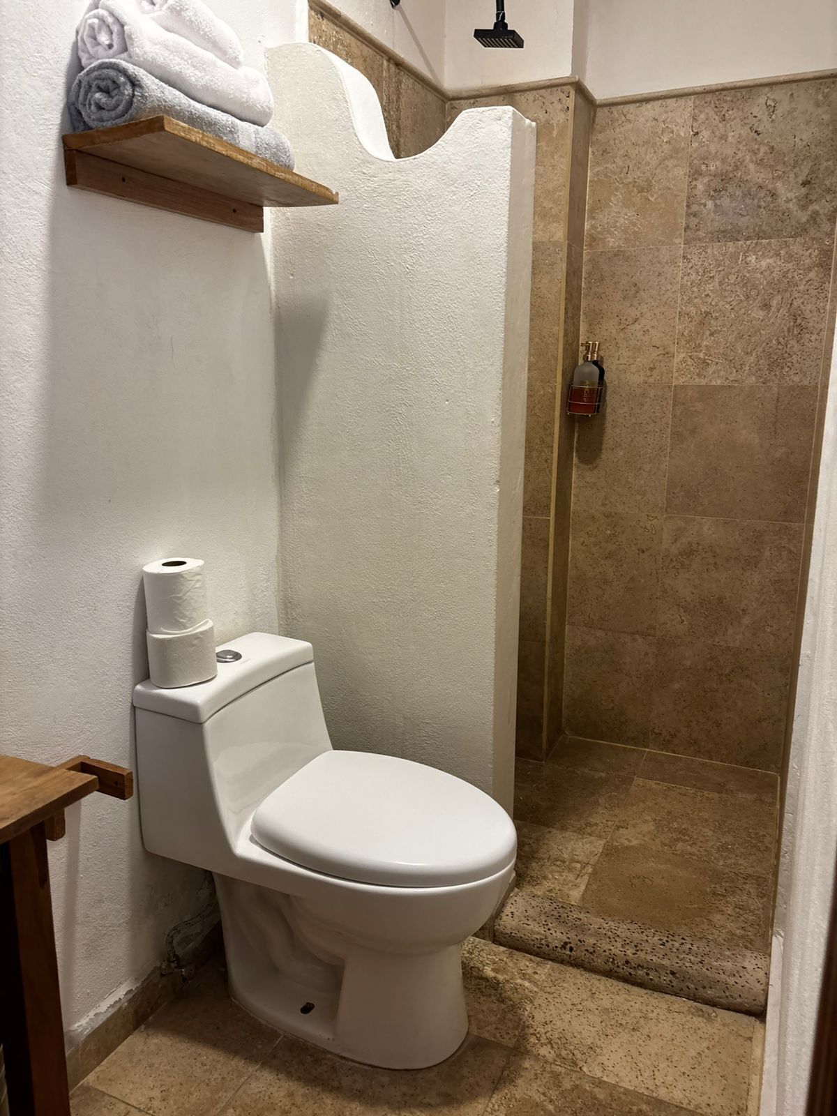 Un baño con inodoro, ducha y toallero.