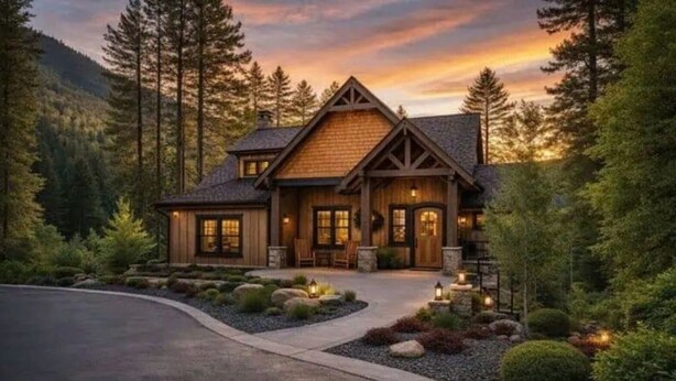 A large, two-story log cabin with a stone foundation, a wrap-around porch, and a driveway leading to the entrance. - Private Lakefront Cabin for Fishing, Relaxation and Outdoor Recreation (Plumerville)