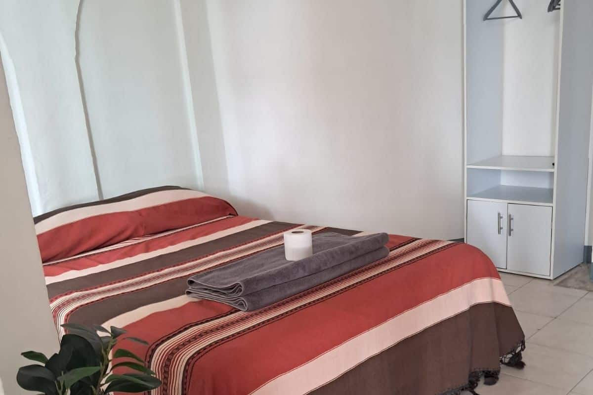 Un dormitorio con cama, armario, planta en la mesita de noche y un rollo de papel higiénico.