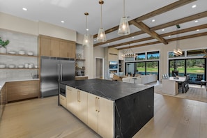 Fridge, microwave, oven, stovetop - Brand-New Lakefront Estate | Private Lake + Hot Tub | Outdoor Living (Bend)