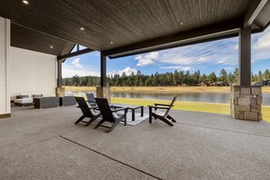 Terrace/patio - Brand-New Lakefront Estate | Private Lake + Hot Tub | Outdoor Living (Bend)