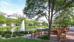 Une cour paisible avec une fontaine, des bancs et un bassin.