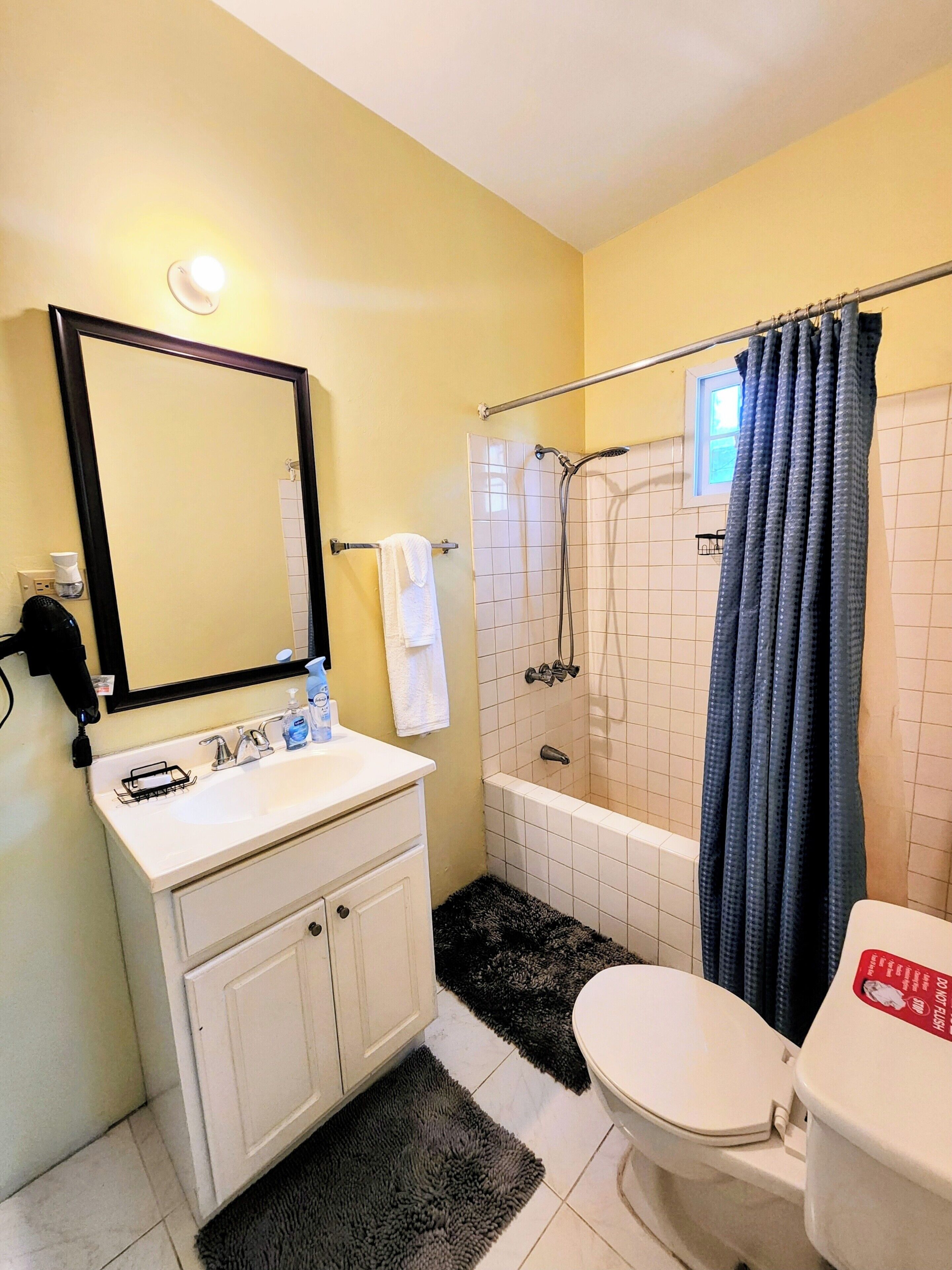 Une salle de bain équipée d’un lavabo, d’un miroir, de toilettes, d’une douche et d’une baignoire.