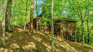 Une cabane en rondins avec une terrasse en bois et une structure en treillis, située dans une zone boisée.