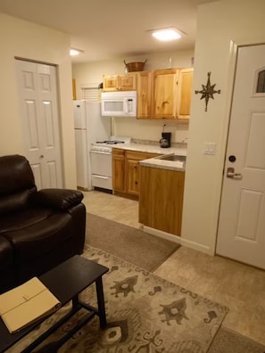 Un espace de vie compact comprenant un coin cuisine, un fauteuil en cuir, une petite table et un tapis à motifs.