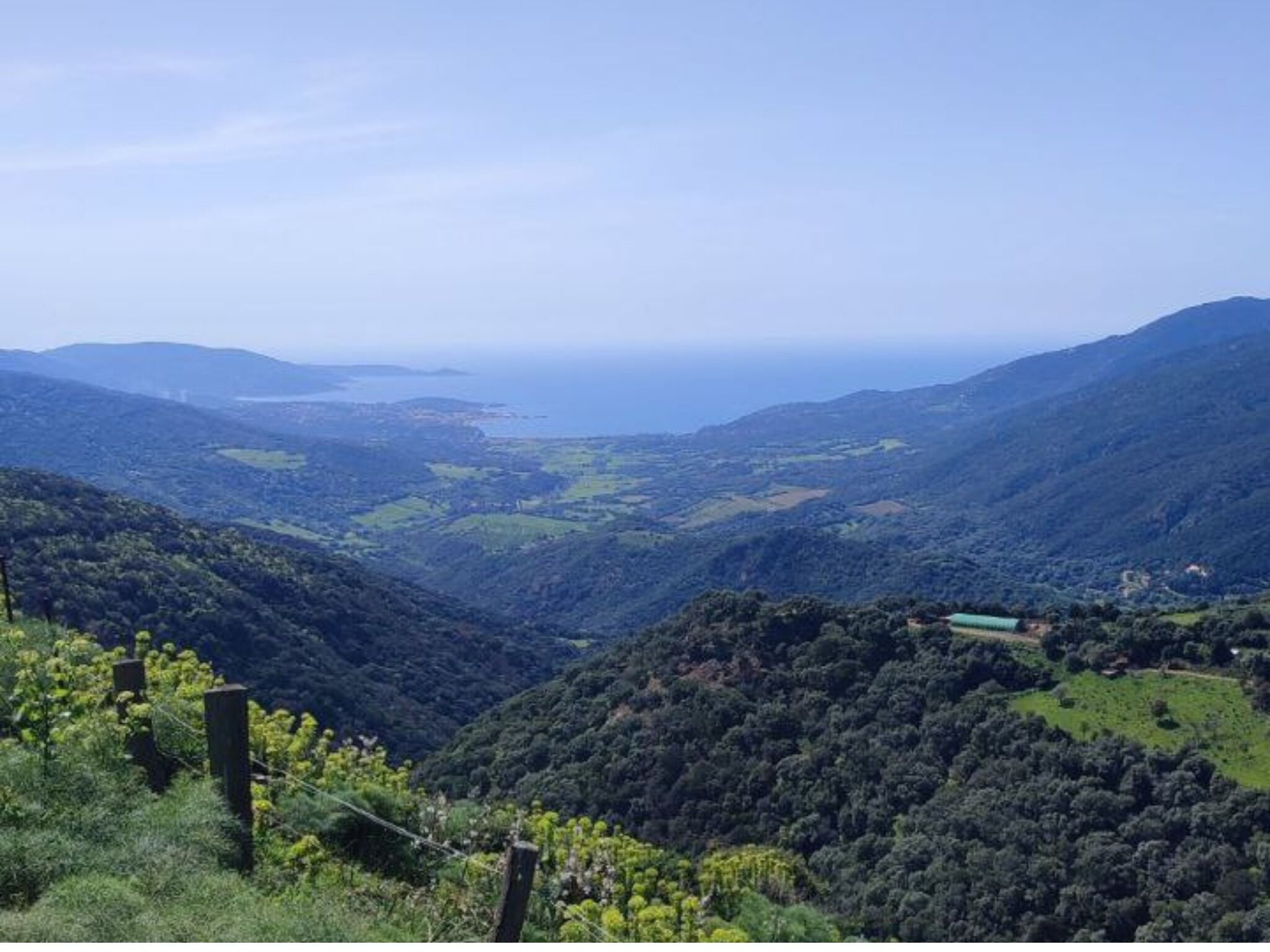 A mountainous landscape with a valley and a body of water in the distance.