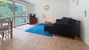 Un salon avec un canapé, un téléviseur, un tapis bleu et un élément décoratif mural.