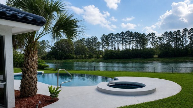 A modern pool with a hot tub, surrounded by a well-maintained lawn and a body of water. - Dreamin O'Sprey! Amazing View & Plenty O'Privacy! (Clermont)